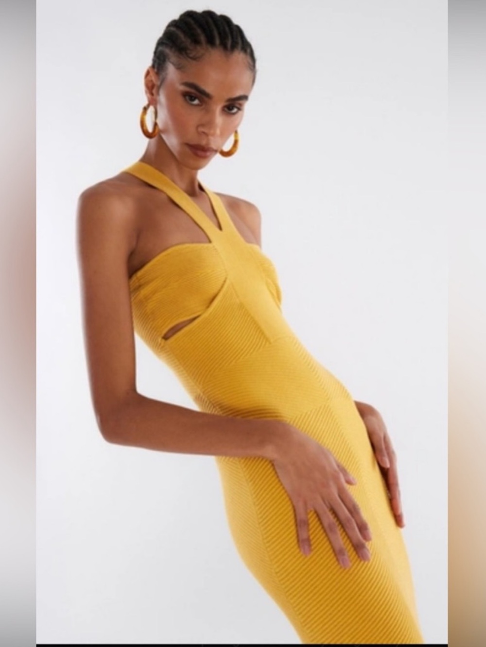 BCBG Maxazria Mustard Yellow Ribbed Halter Midi Dress
